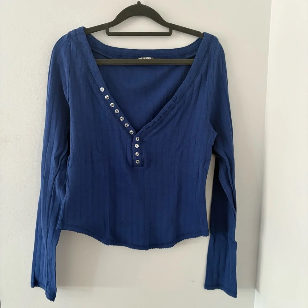 Free People Coffee Chat Pointelle Long Sleeve Cotton Top In Moonlit Ocean Size L
